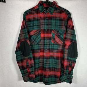 Merona Plaid Flannel Shirt Men's Small Red Green Black Button Up Elbow Patches